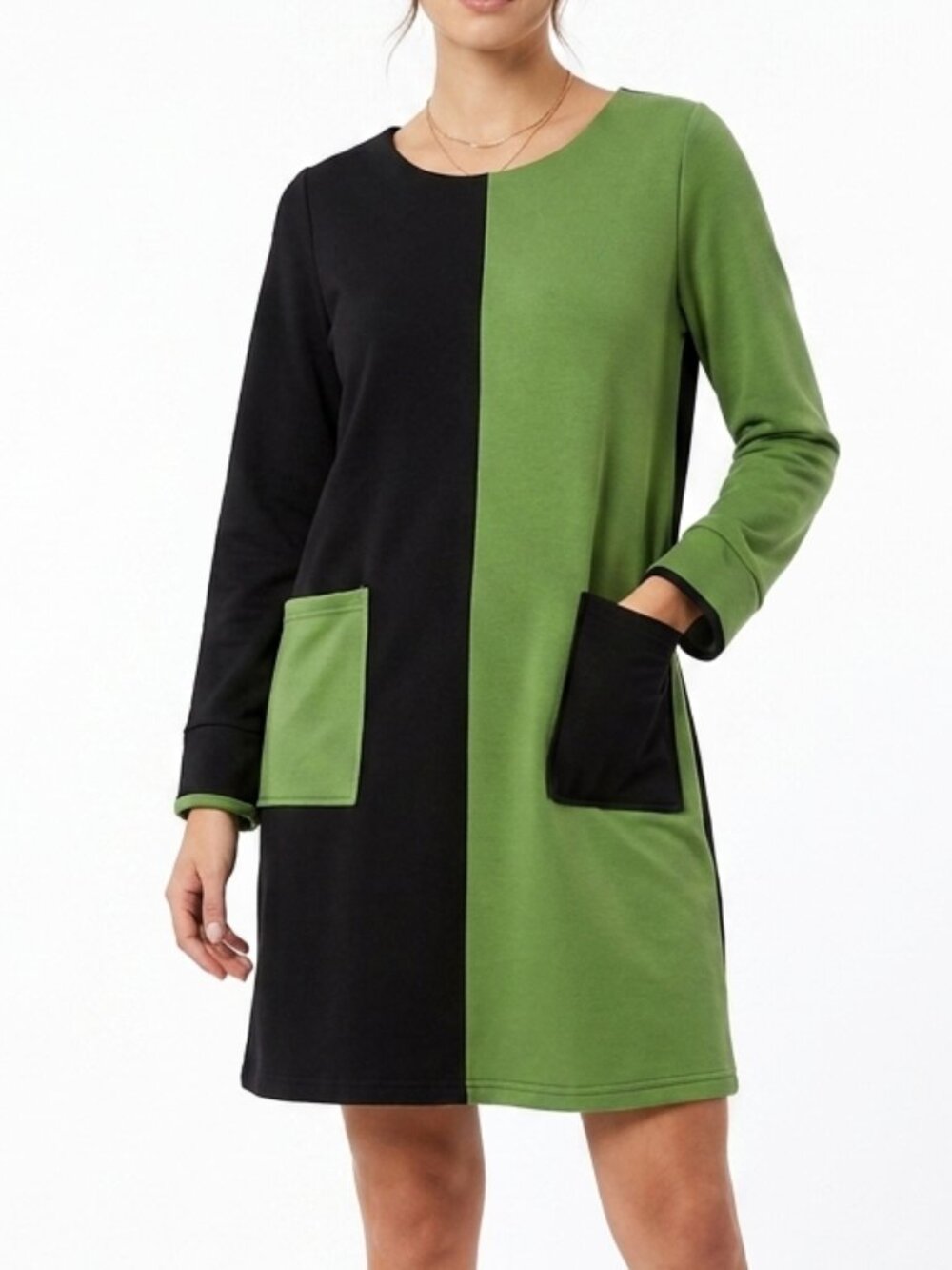 Huiermei‎ Colorblock Black Green Long Sleeve Pocket Shift Dress Size M Medium